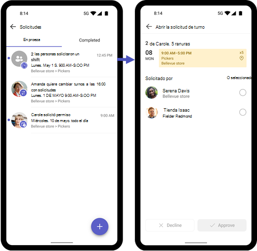 Captura de pantalla que muestra cómo ver solicitudes de turno abiertas en dispositivos móviles.