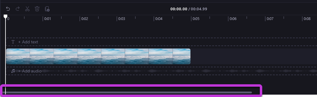 Usa la barra de scrll para navegar por la línea de tiempo de Clipchamp