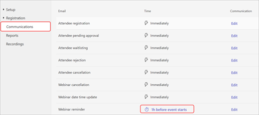 Captura de pantalla de cómo editar mensajes de correo electrónico de aviso de seminario web para enviar tiempo