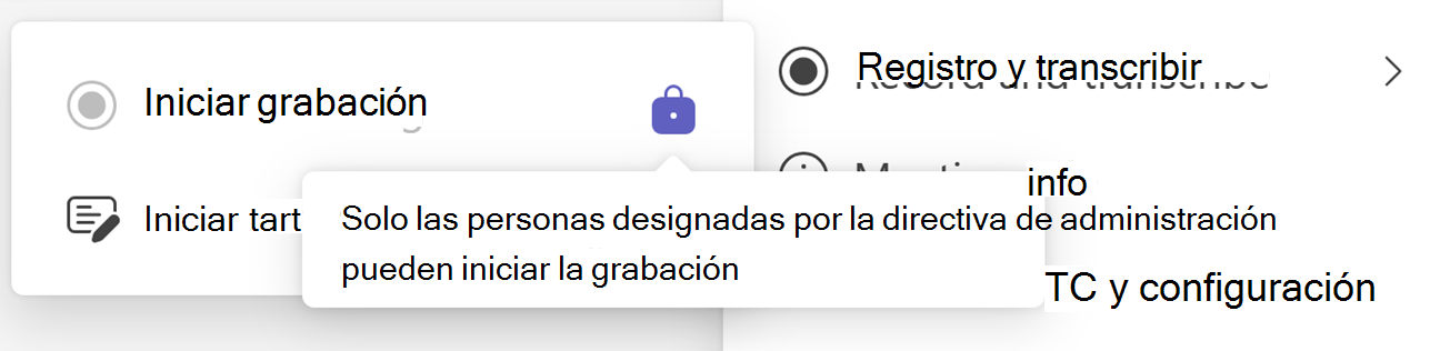 Captura de pantalla del botón Iniciar grabación de Teams con el icono Bloquear e información sobre herramientas