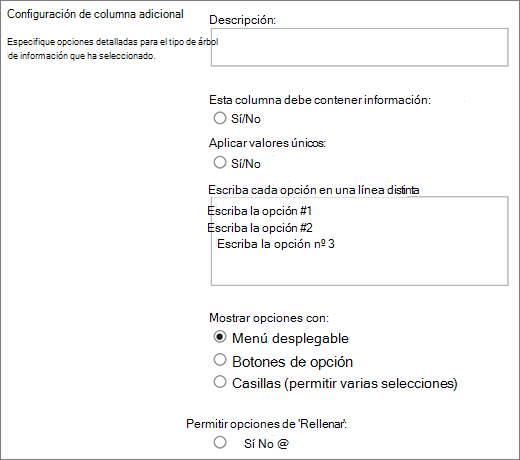 Opciones para las columnas Opción