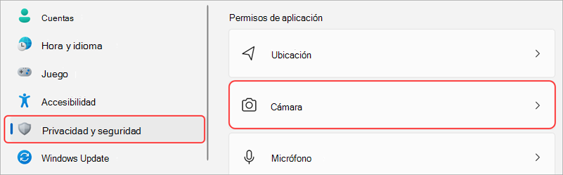 Configuración de Windows con la interfaz de usuario de la cámara resaltada.