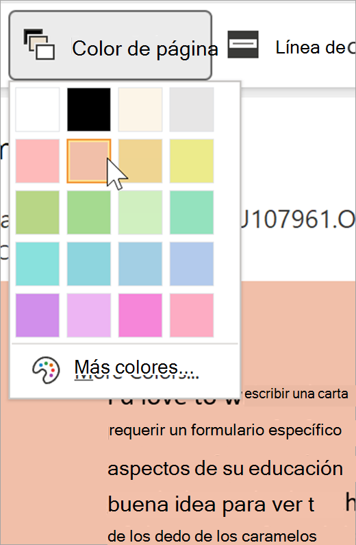 captura de pantalla del menú desplegable color de página para el lector inmersivo. Se muestra una paleta de colores y el fondo visible detrás de la lista desplegable es naranja pastel 