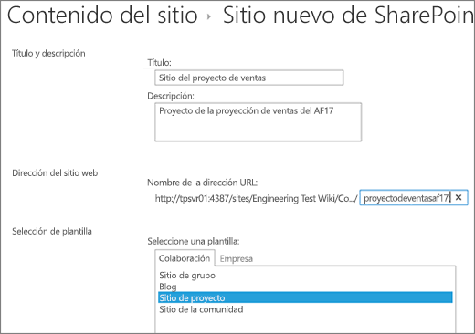 Pantalla de creación de subsitios de SharePoint 2016