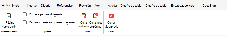 Opciones de encabezado y pie de página en la cinta de opciones