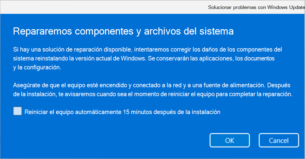 Captura de pantalla de Solucionar problemas usando Windows Update explicando que los componentes y archivos del sistema se repararán con Windows Update.