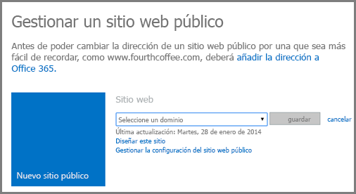 Diálogo Administrar sitio web público, en que se muestra Seleccionar un dominio.
