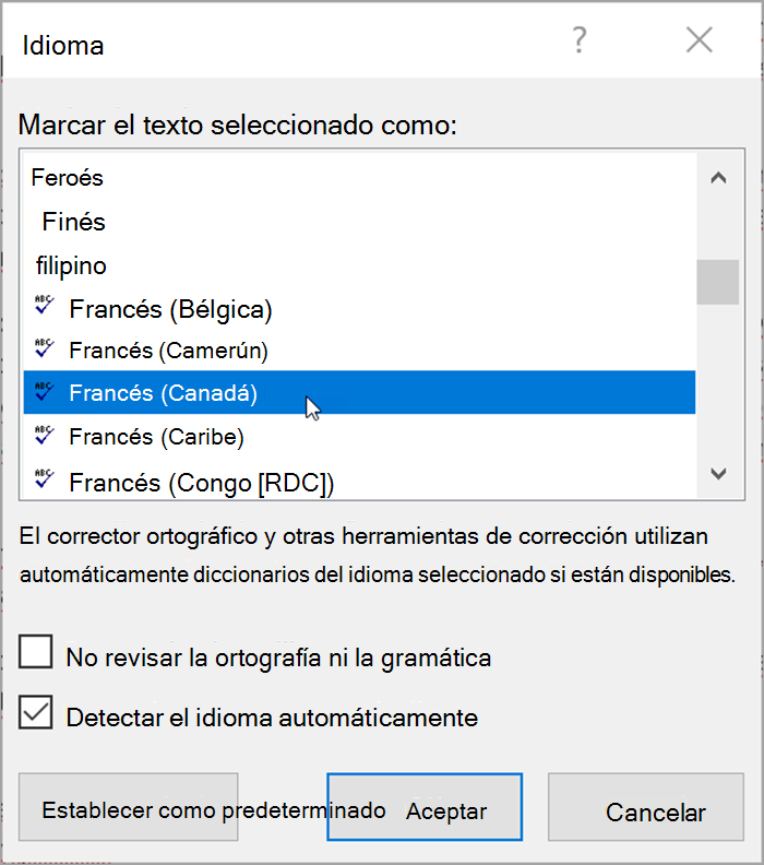 Captura de pantalla de Word. Listas emergentes de idiomas que se pueden seleccionar. La opción "Detectar el idioma automáticamente" está activada. 