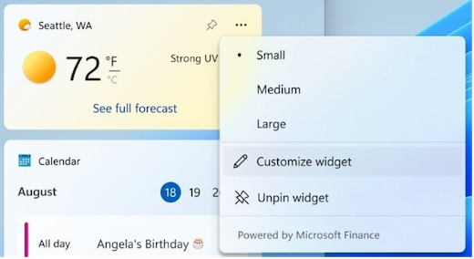 Captura de pantalla del menú Más opciones en el widget Tiempo.
