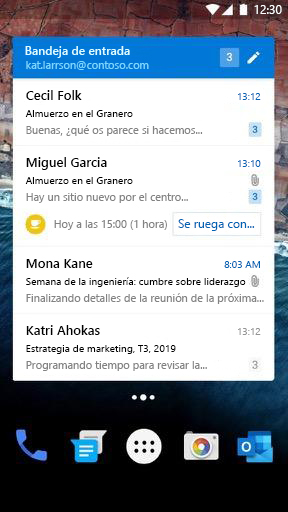 Widget de correo electrónico de Android en modo completo