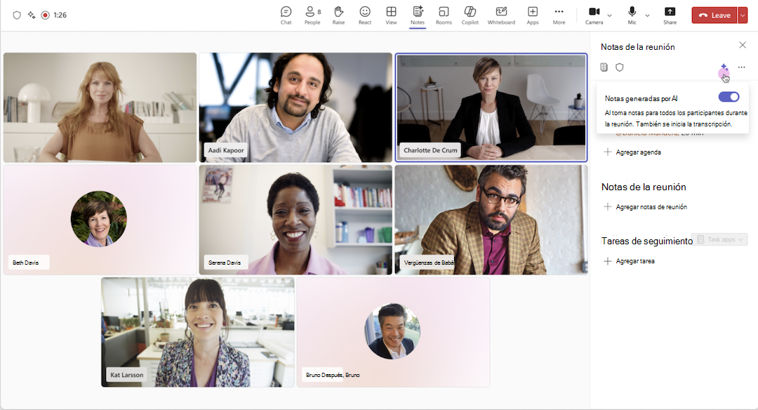 Active las notas generadas por IA con un botón de alternancia durante una reunión de Teams.