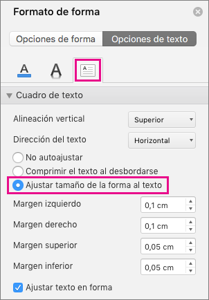 Establecer la y la posición del texto en un cuadro de o en Office para Mac - Soporte técnico de Microsoft