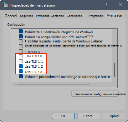 Captura de pantalla que muestra la configuración de TLS en Propiedades de Internet