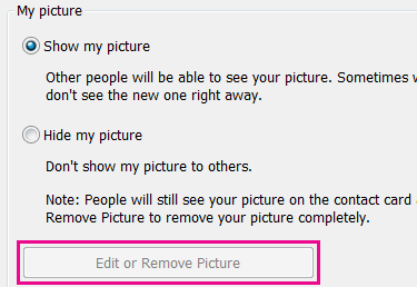 Captura de pantalla de botón Editar o quitar imagen deshabilitado y resaltado
