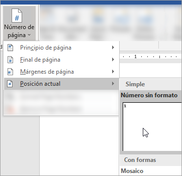 Captura de pantalla que muestra cómo elegir el número de página de formato sin formato en la posición actual del documento