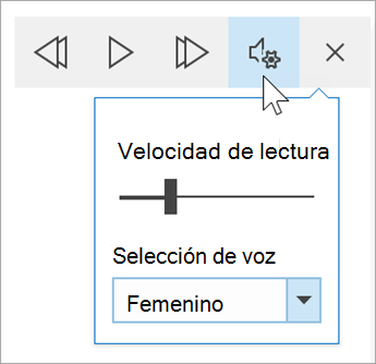 captura de pantalla de la barra de herramientas de opciones de voz del lector inmersivo. El mouse se desplaza sobre la configuración, lo que muestra un botón de alternancia para la velocidad de lectura y la lista desplegable para la selección de voz.
