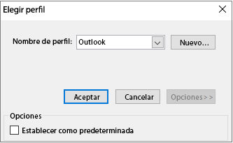 Aceptar la configuración predeterminada de Outlook en el cuadro de diálogo Elegir perfil