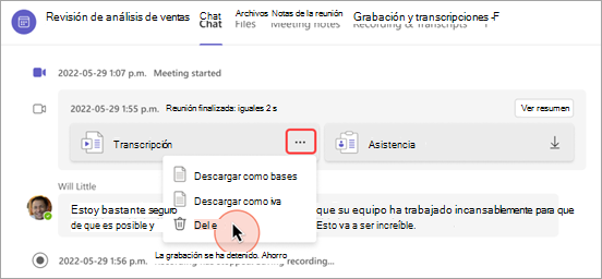Captura de pantalla que muestra cómo eliminar una transcripción de un chat de reunión.