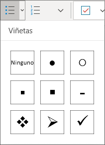 Botón de la lista de viñetas seleccionado en la cinta del menú de inicio en OneNote para Windows 10.