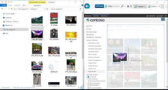 Captura de pantalla de SharePoint y del Explorador de Windows en paralelo con la tecla Windows y las teclas de flecha.
