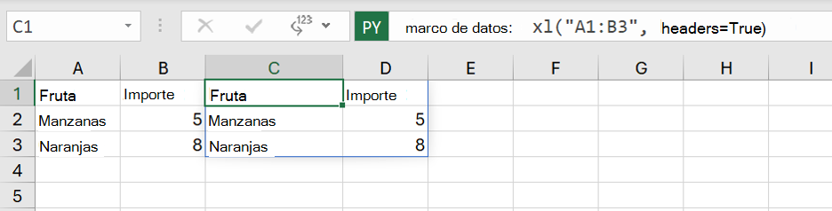 Un Python en Excel DataFrame devuelto como valores de Excel.