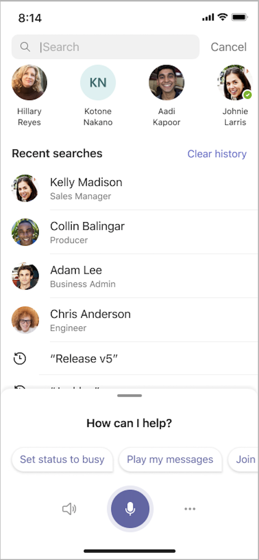 Captura de pantalla de invocar a Cortana en Teams Mobile