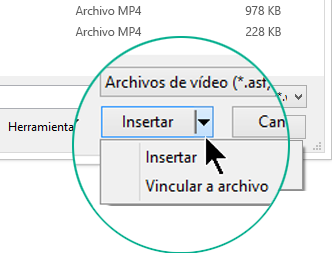 En el cuadro de diálogo Insertar vídeo, elija entre Insertar o Vincular a archivo.