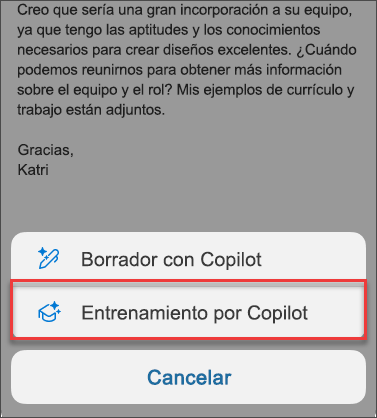 Opción de menú para coaching de Copilot en Outlook para móviles