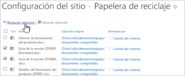 Papelera de reciclaje de 2.º nivel de SharePoint 2013 con el botón Restaurar resaltado