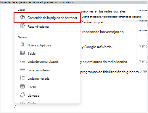 Captura de pantalla que muestra el menú de barra diagonal. La opción "Contenido de la página borrador" está resaltada en el menú de barra diagonal.