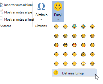 Haga clic en el botón más emojis en el botón emojis de la pestaña insertar para elegir entre todos los emojis disponibles.