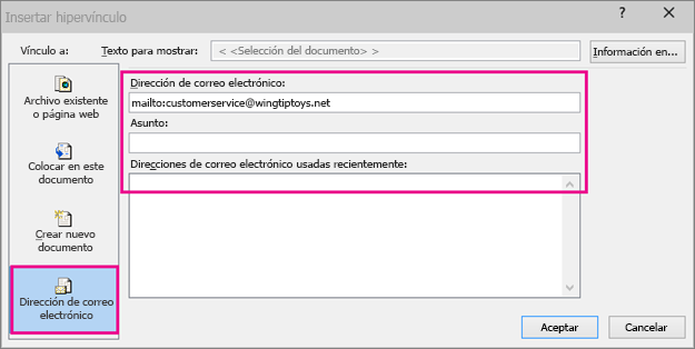 Muestra el cuadro de diálogo en el que la opción de insertar un vínculo a un correo electrónico está seleccionada