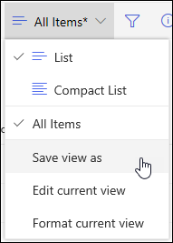 SharePoint menú Vista de lista en línea Guardar como opción