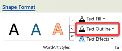 Para cambiar el borde de WordArt, selecciónelo y, en la pestaña Formato de forma, seleccione Contorno de texto.