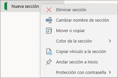 Captura de pantalla del menú contextual para eliminar una pestaña de sección en OneNote para Windows 10.