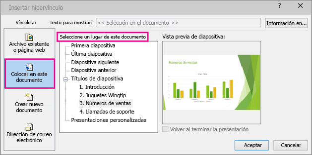 Muestra un cuadro de diálogo en el que la opción de insertar un vínculo en el mismo documento está seleccionada