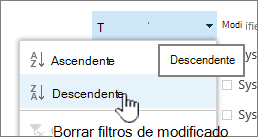 El menú desplegable de ordenación de un encabezado de columna