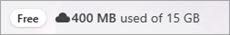 Captura de pantalla que muestra el distintivo gratuito y el almacenamiento de OneDrive usado