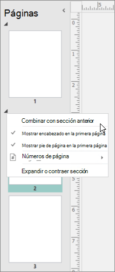 Una captura de pantalla muestra una sección seleccionada con el cursor apuntando a la opción Combinar con sección anterior.