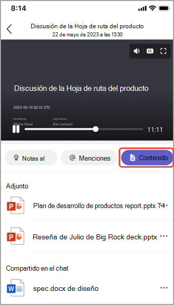 Vea el contenido compartido en el resumen de la reunión de Teams.