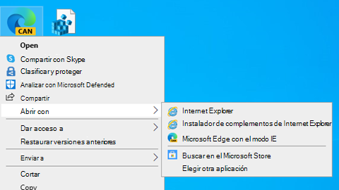 Al hacer clic con el botón derecho en un icono de archivo VSDX, el menú incluye una opción de apertura de archivos para "Microsoft Edge con el modo IE".
