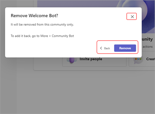 Captura de pantalla del mensaje de eliminación del bot de la comunidad en Microsoft Teams (gratis) con opciones para quitar, volver atrás o salir.