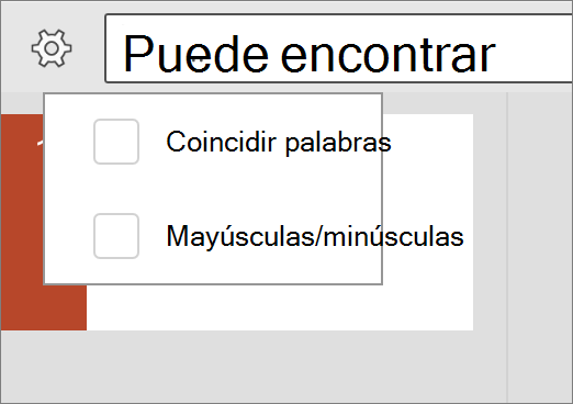 Muestra las opciones Coincidir mayúsculas y minúsculas y coincidir con Word en PowerPoint para Android.