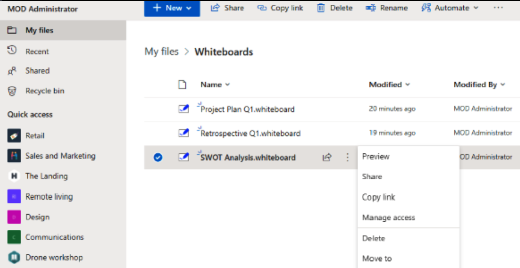 Los archivos de whiteboard se guardan en la carpeta Whiteboard de OneDrive para la Empresa