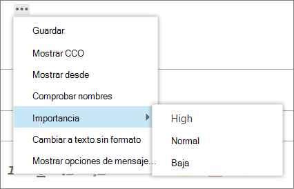 Una captura de pantalla muestra las opciones adicionales disponibles para los mensajes con la opción resaltada para establecer importancia, que muestra los valores alto, normal y bajo.