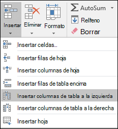 Para agregar una columna de tabla desde la pestaña Inicio, haga clic en la flecha de Insertar > Insertar columnas de tabla a la izquierda.