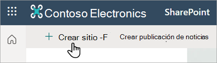 Captura de pantalla que muestra el comando Crear sitio en SharePoint Online.