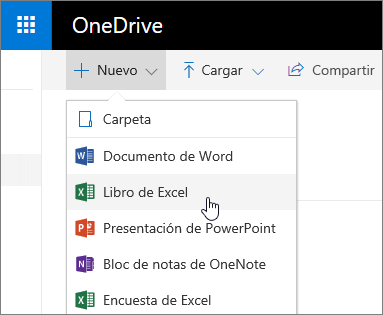 Menú Nuevo de OneDrive, comando Libro de Excel