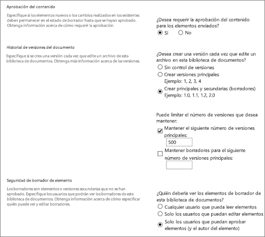 Cuadro de diálogo Opciones de versiones