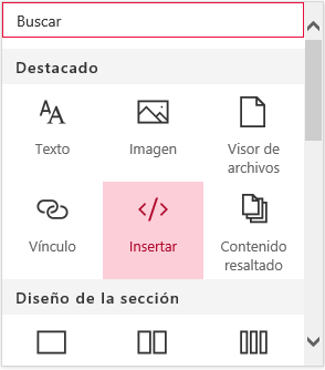Captura de pantalla del menú Insertar contenido en SharePoint.
